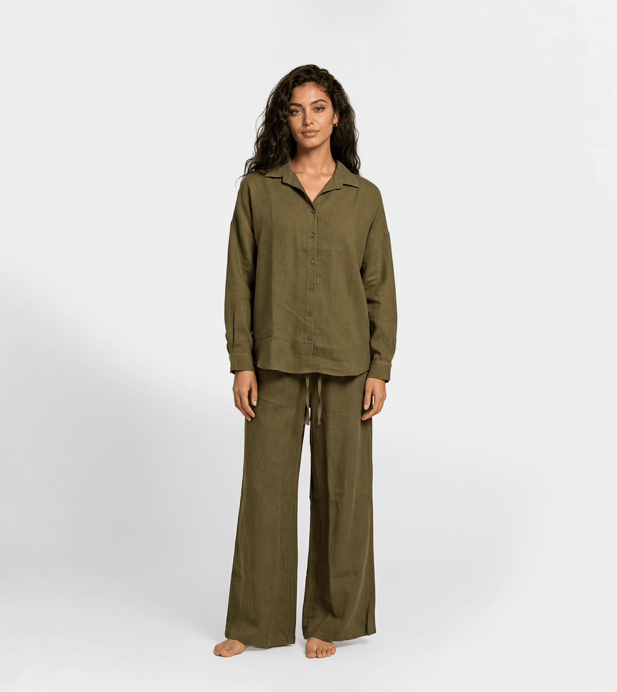 Women Relaxed Button-Up Shirt & Wide-Leg Pants Set - Red Cotton