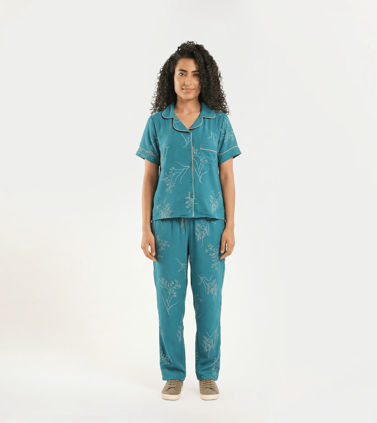 Women Short-Sleeve Top & Long Trousers - Red Cotton