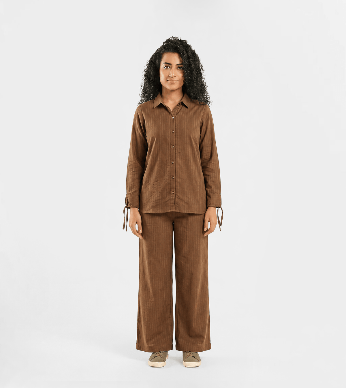 Women Striped Button-Up Shirt & Wide Leg Pants Set - Red Cotton