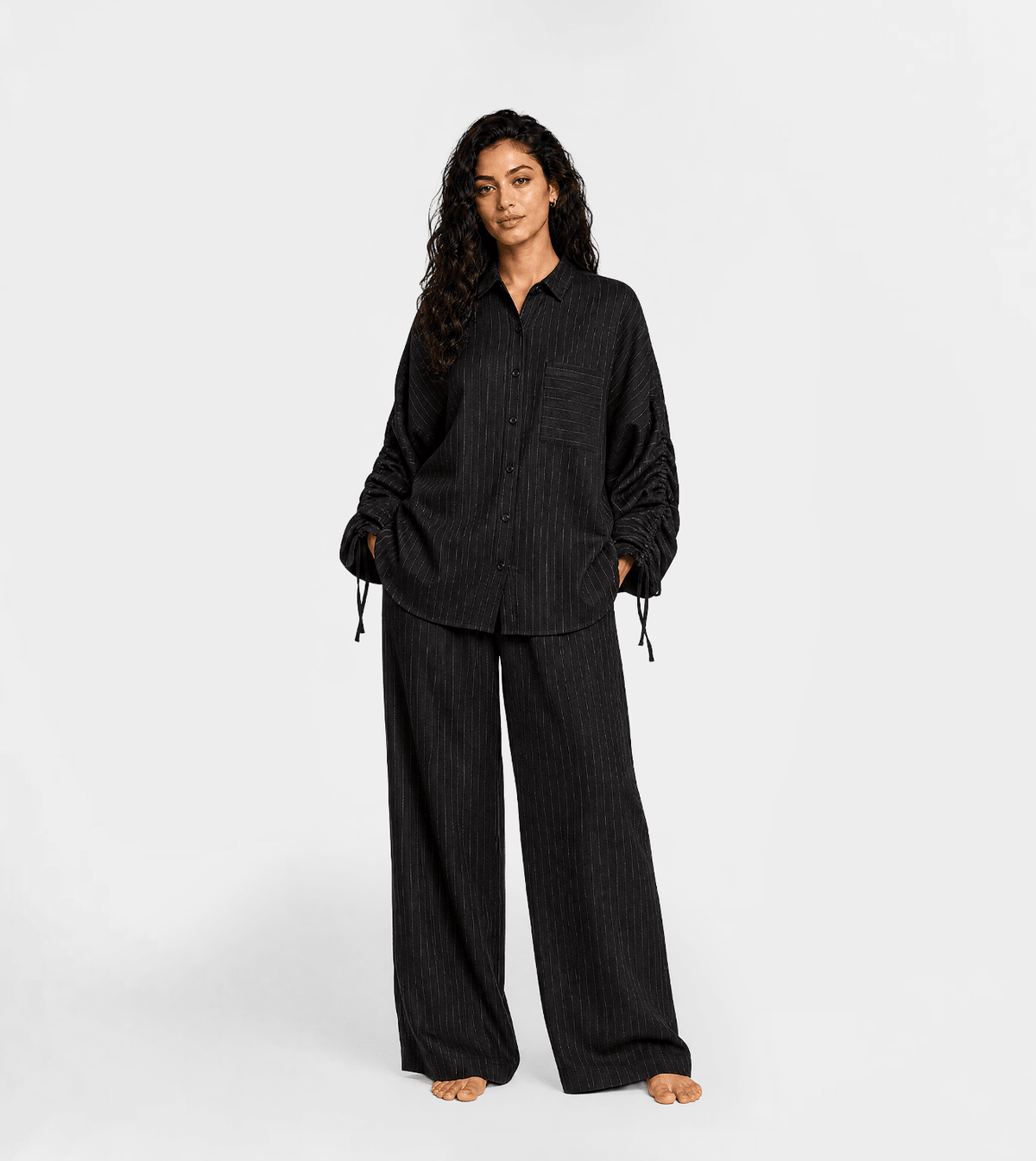 Women Striped Button-Up Shirt & Wide Leg Pants Set - Red Cotton