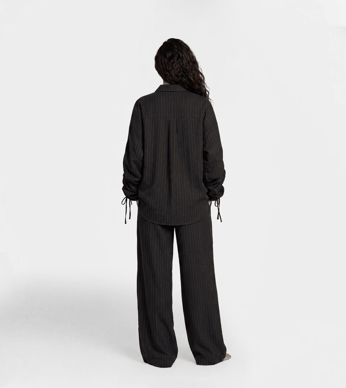 Women Striped Button-Up Shirt & Wide Leg Pants Set - Red Cotton