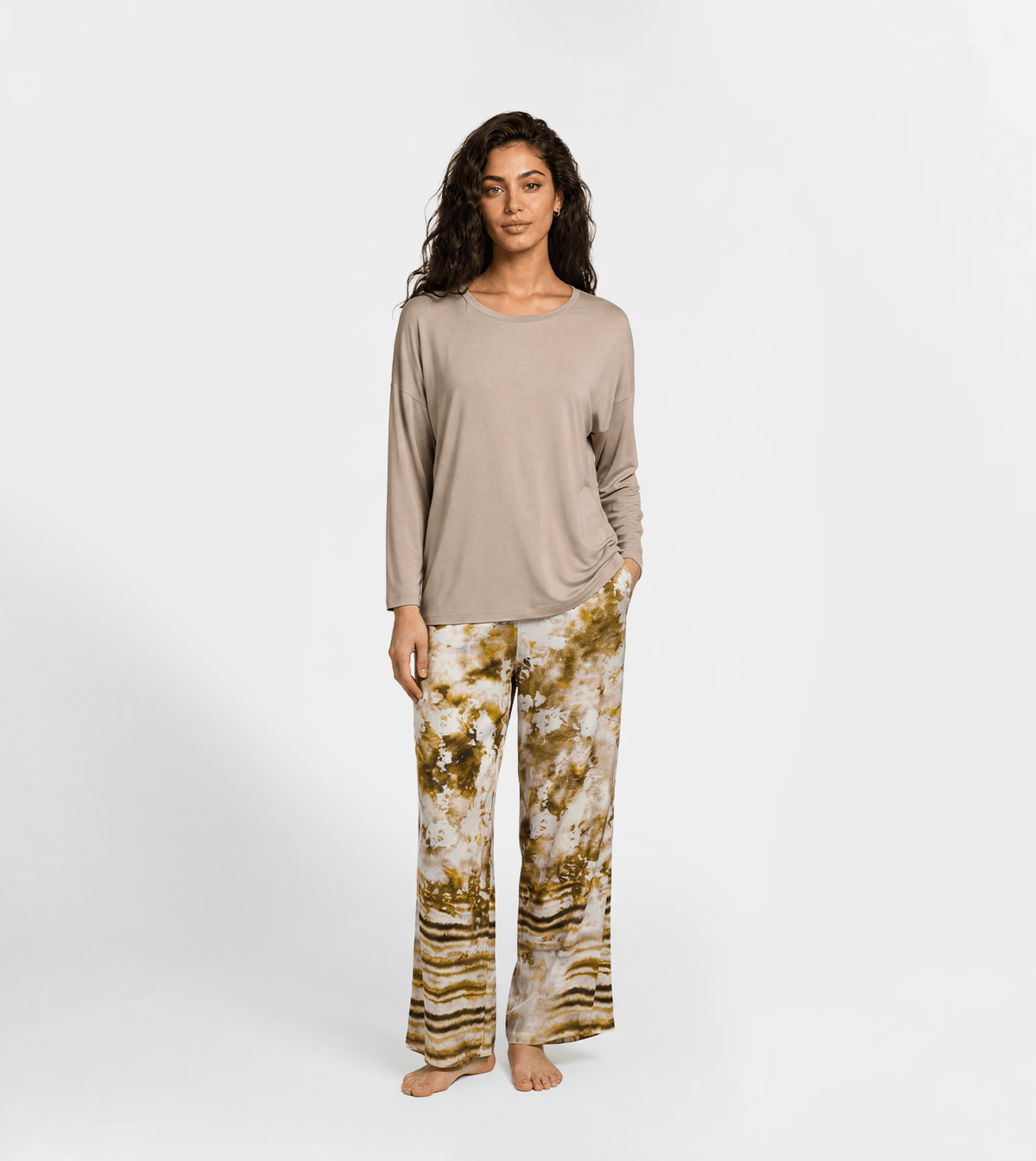 Women Top & Printed Wide-Leg Lounge Pants Set - Red Cotton