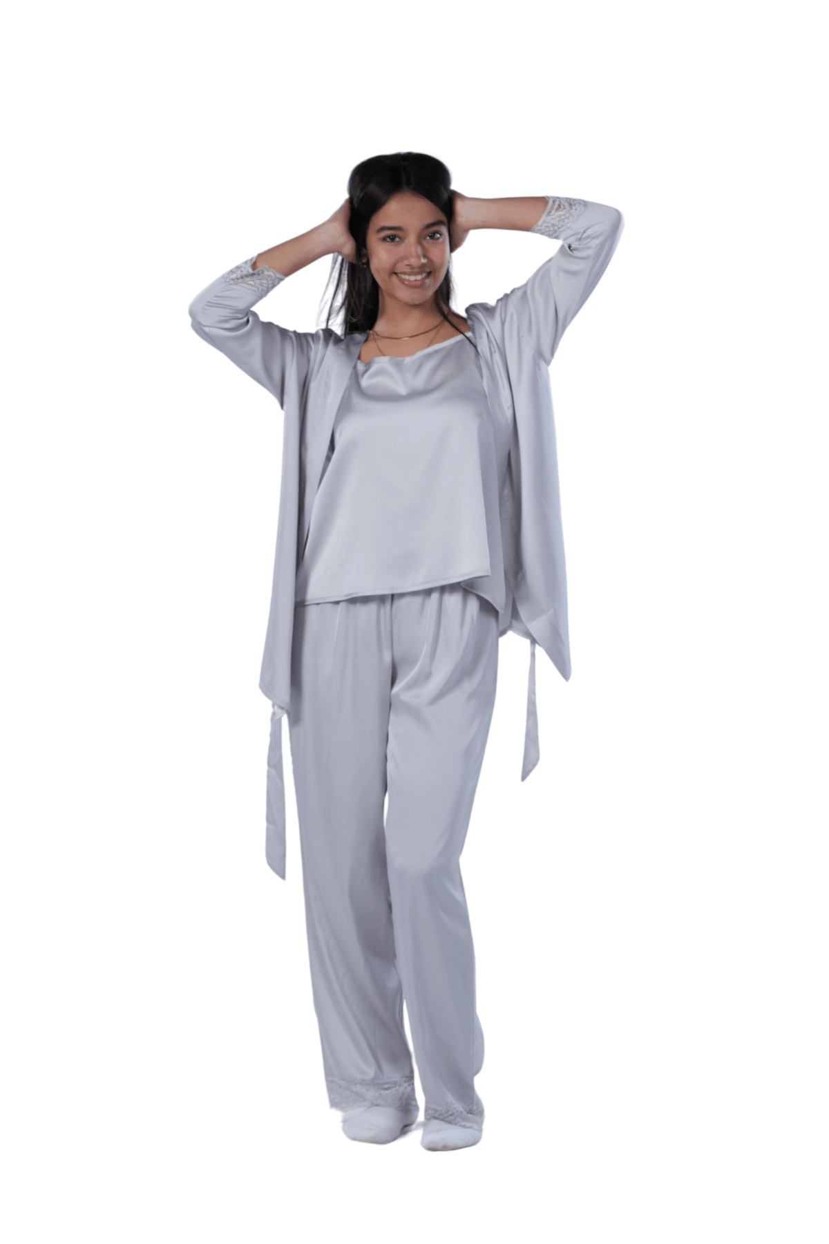 Women's 3-piece Comfort Satin pajamas -Silver - Red Cotton