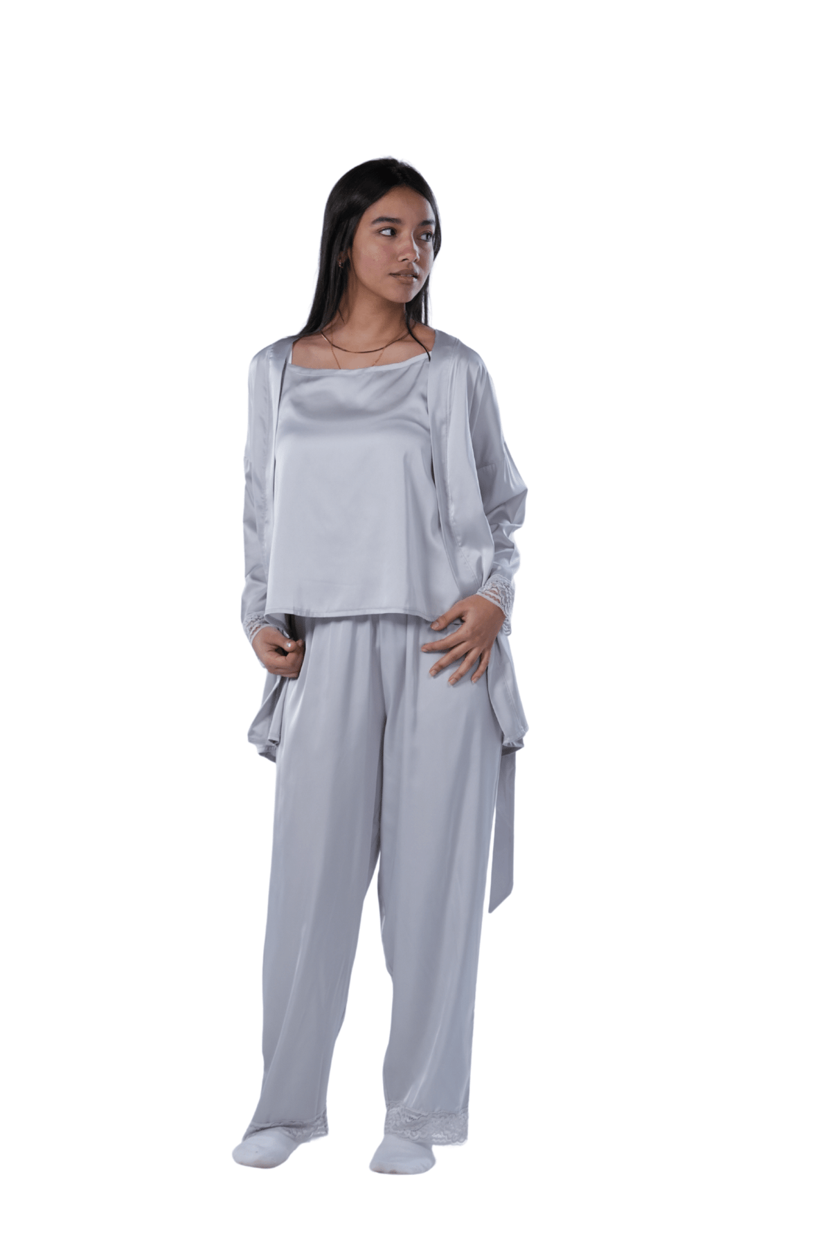 Women's 3-piece Comfort Satin pajamas -Silver - Red Cotton