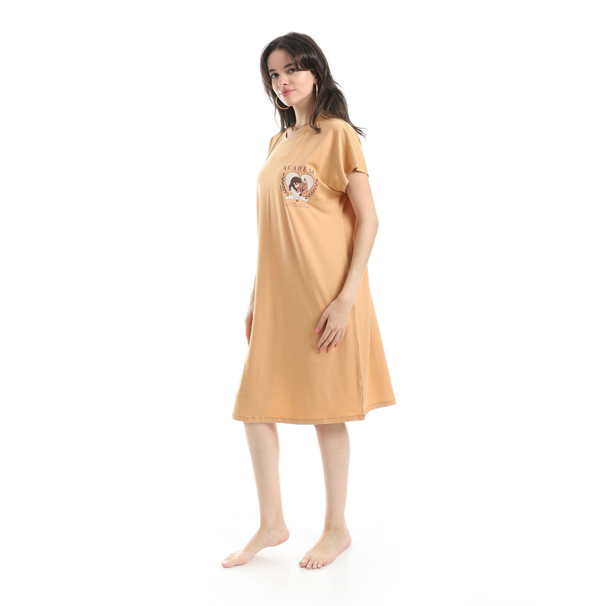 Women’s Beige Short-Sleeve Cotton Nightgown - Red Cotton
