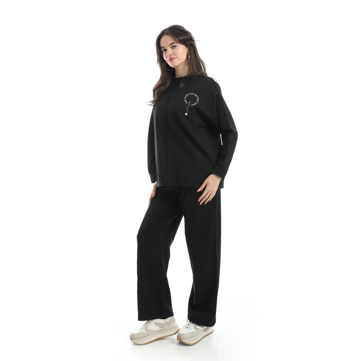 Women’s Black Embroidered Activewear Set – Sweatshirt & Pants - Red Cotton