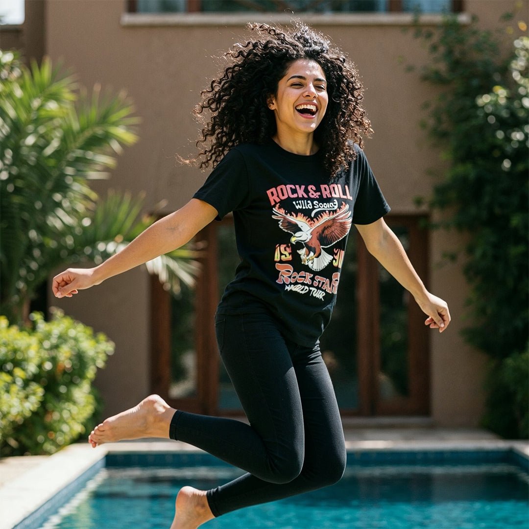 Women's Black "Rock Star" Graphic T-shirt - Red Cotton