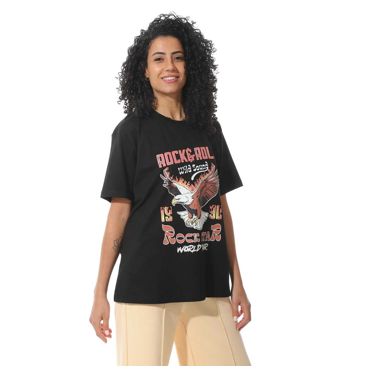 Women's Black "Rock Star" Graphic T-shirt - Red Cotton