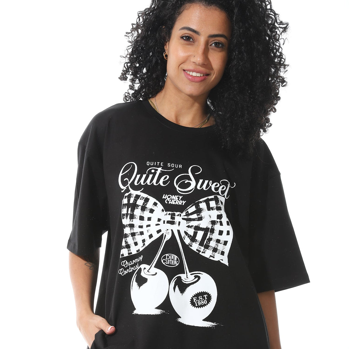 Women's Black T-shirt with White Cherry Bow Print - Red Cotton