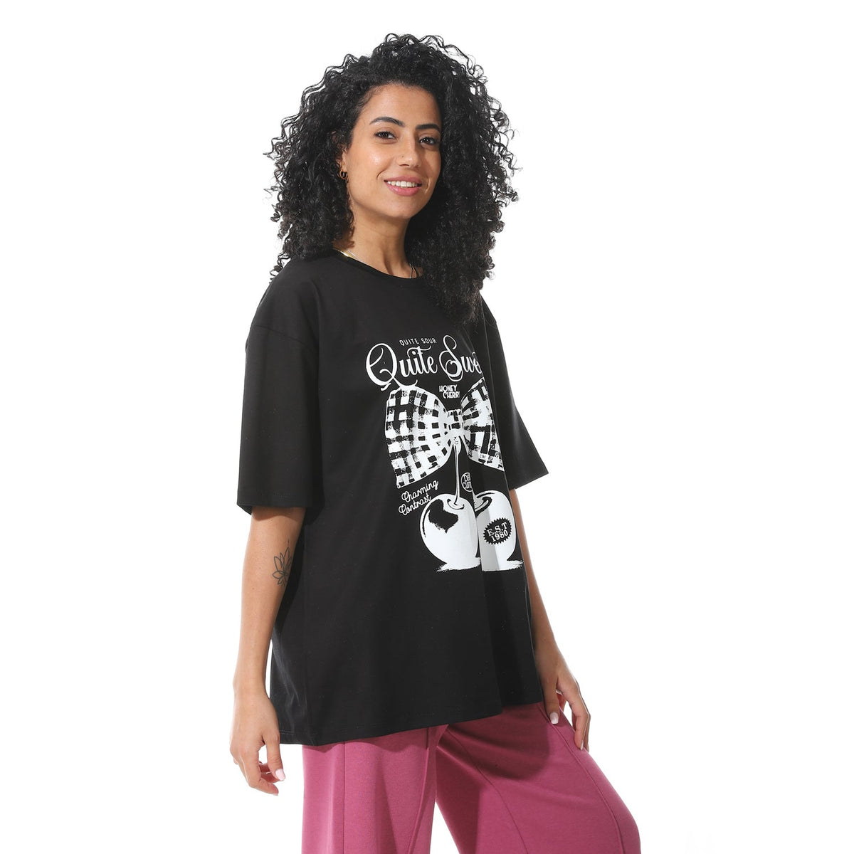 Women's Black T-shirt with White Cherry Bow Print - Red Cotton