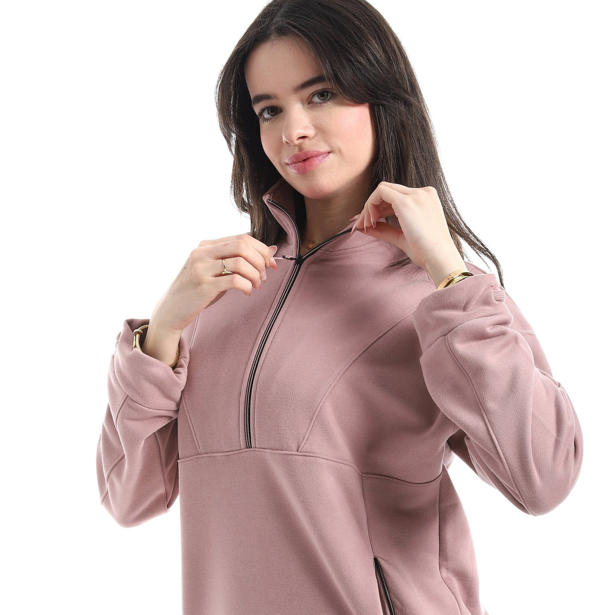 Women’s Half-Zip High Neck Sweatshirt - Red Cotton