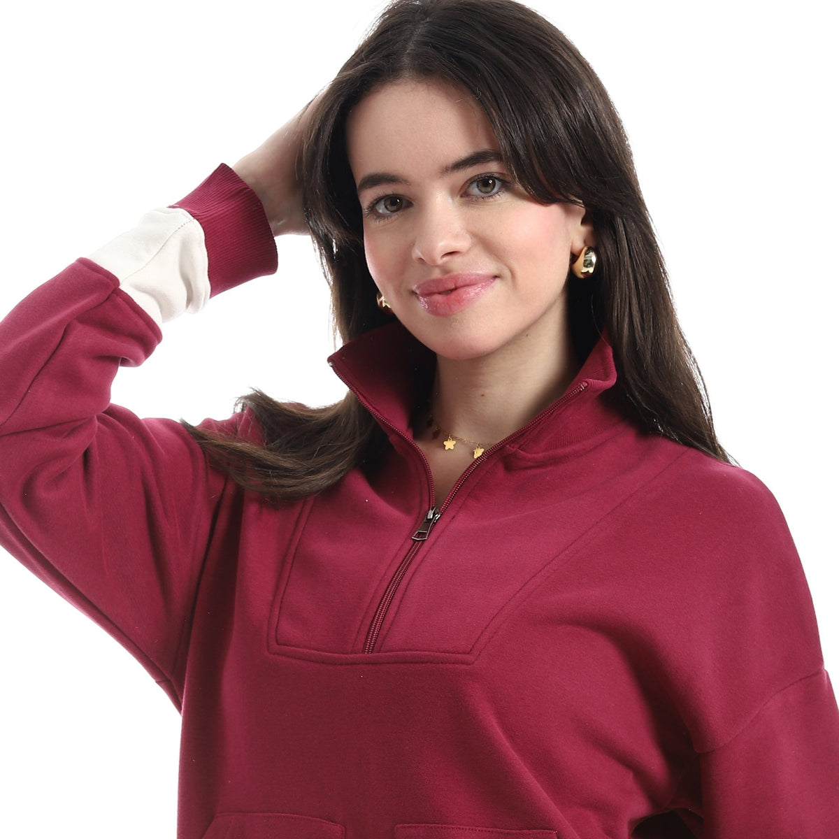Women’s Half-Zip Sweatshirt with Pocket - Red Cotton