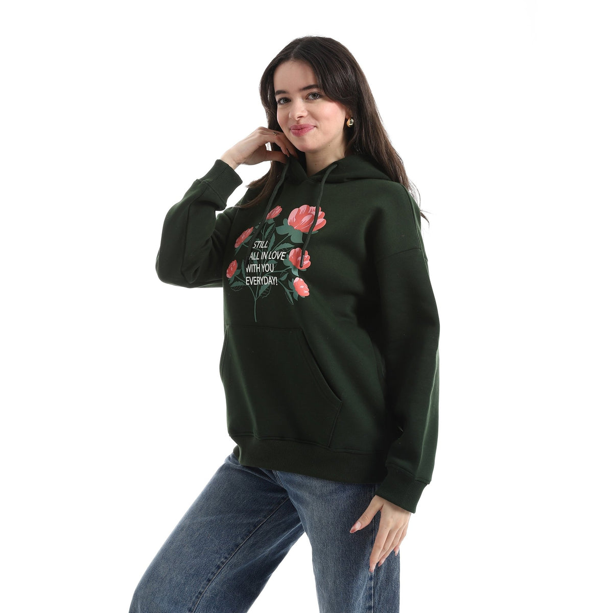 Women’s Hoodie with Floral Print – “I Still Fall in Love with You Everyday” - Red Cotton