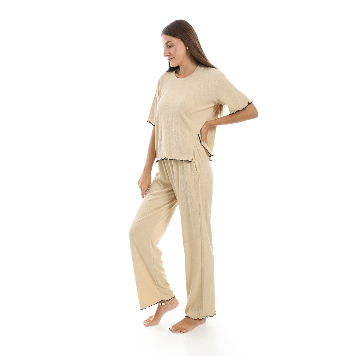 Women’s Jacquard Pajama Set - Beige - Red Cotton