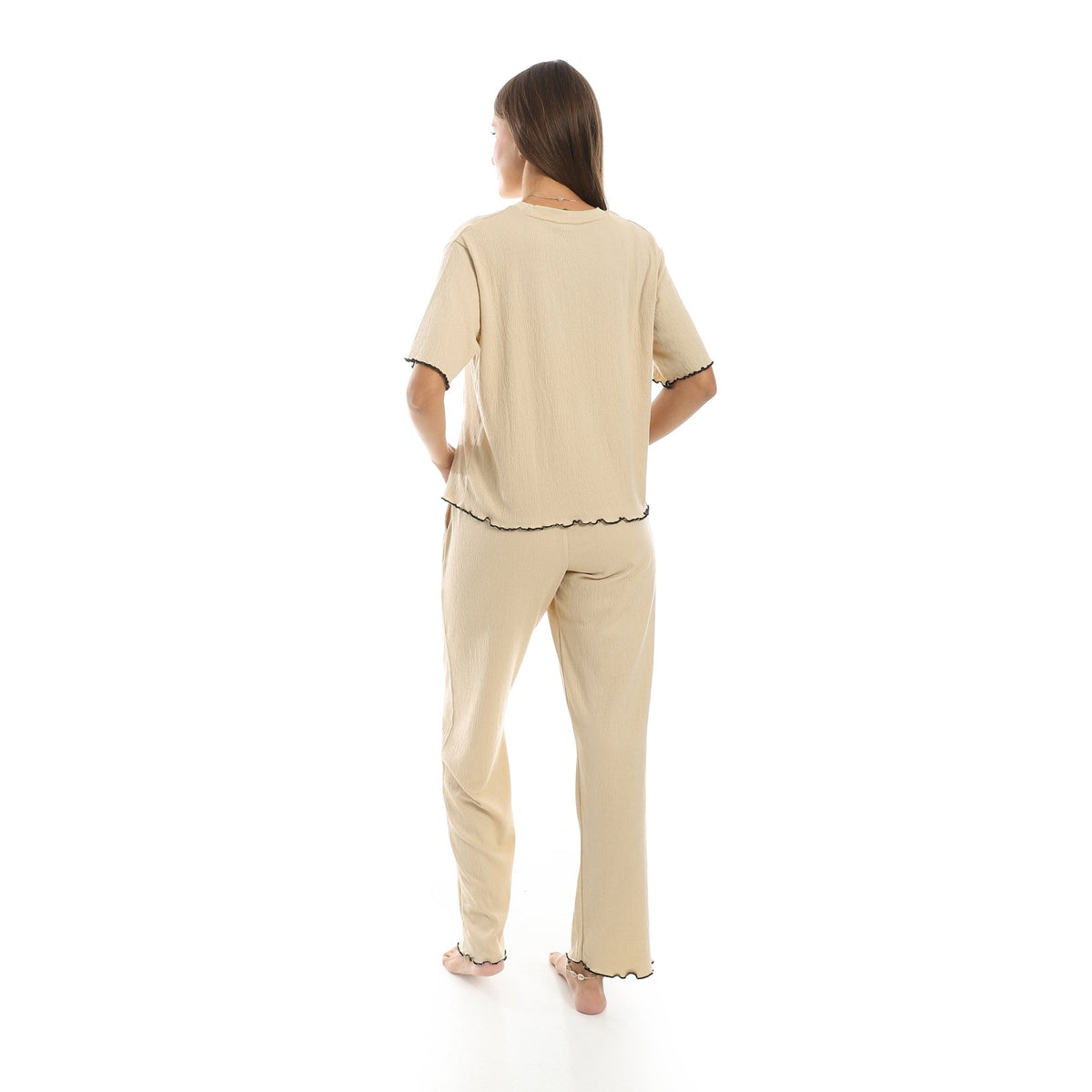Women’s Jacquard Pajama Set - Beige - Red Cotton