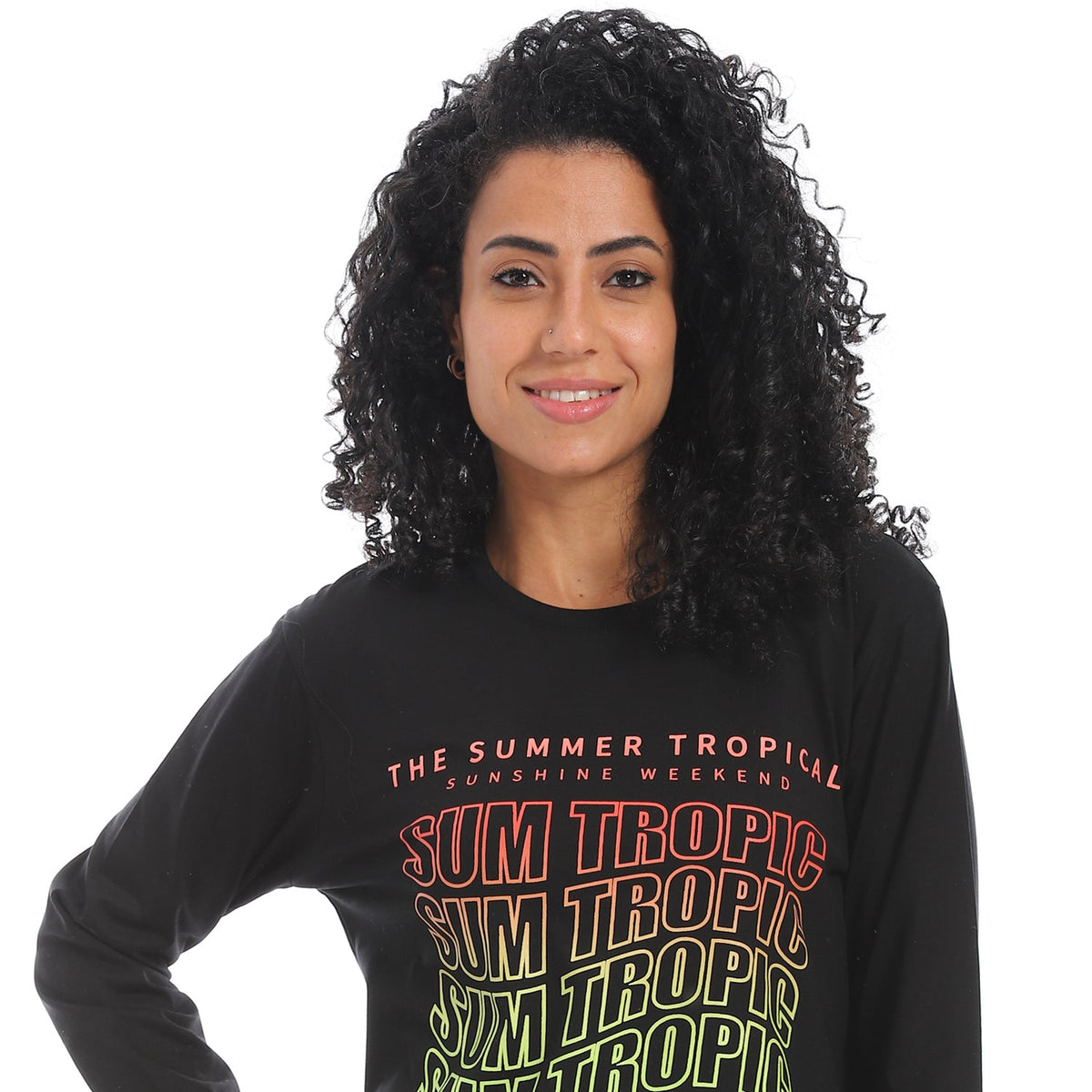 Women's Long Sleeve T-Shirt with Summer Tropic Print - Black - Red Cotton