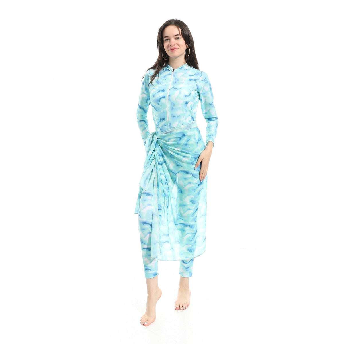 Women's Modest Swimwear Set - Long Sleeve Zip-Up Top with Sarong and Leggings (Blue Marble ) - Red Cotton