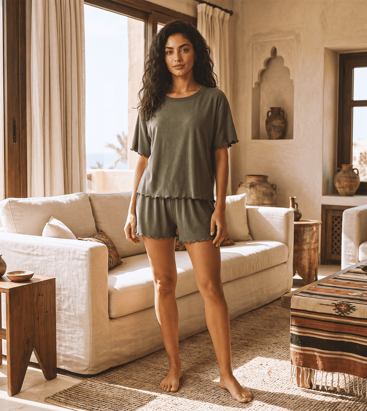 Women’s Olive Green Short Pajama Set - Red Cotton