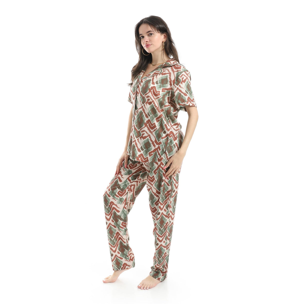 Women's Pajama Set – Soft Fabric with Modern Geometric Print - Red Cotton