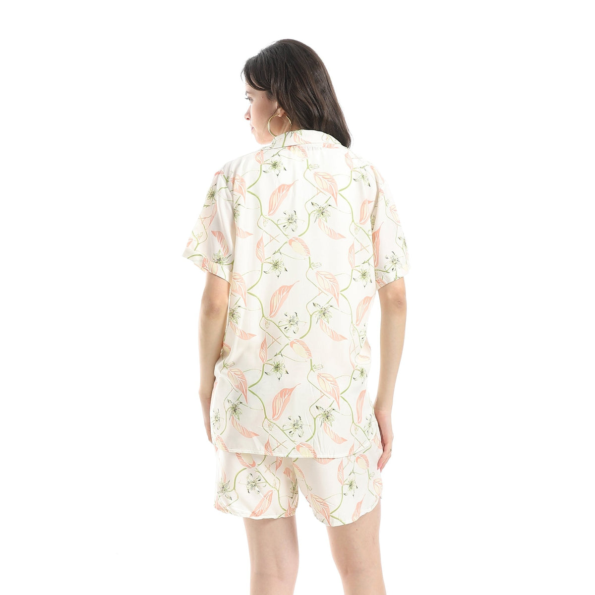 Women's Pajama Set With Short Sleeves and Shorts With Colorful Flowers - Red Cotton