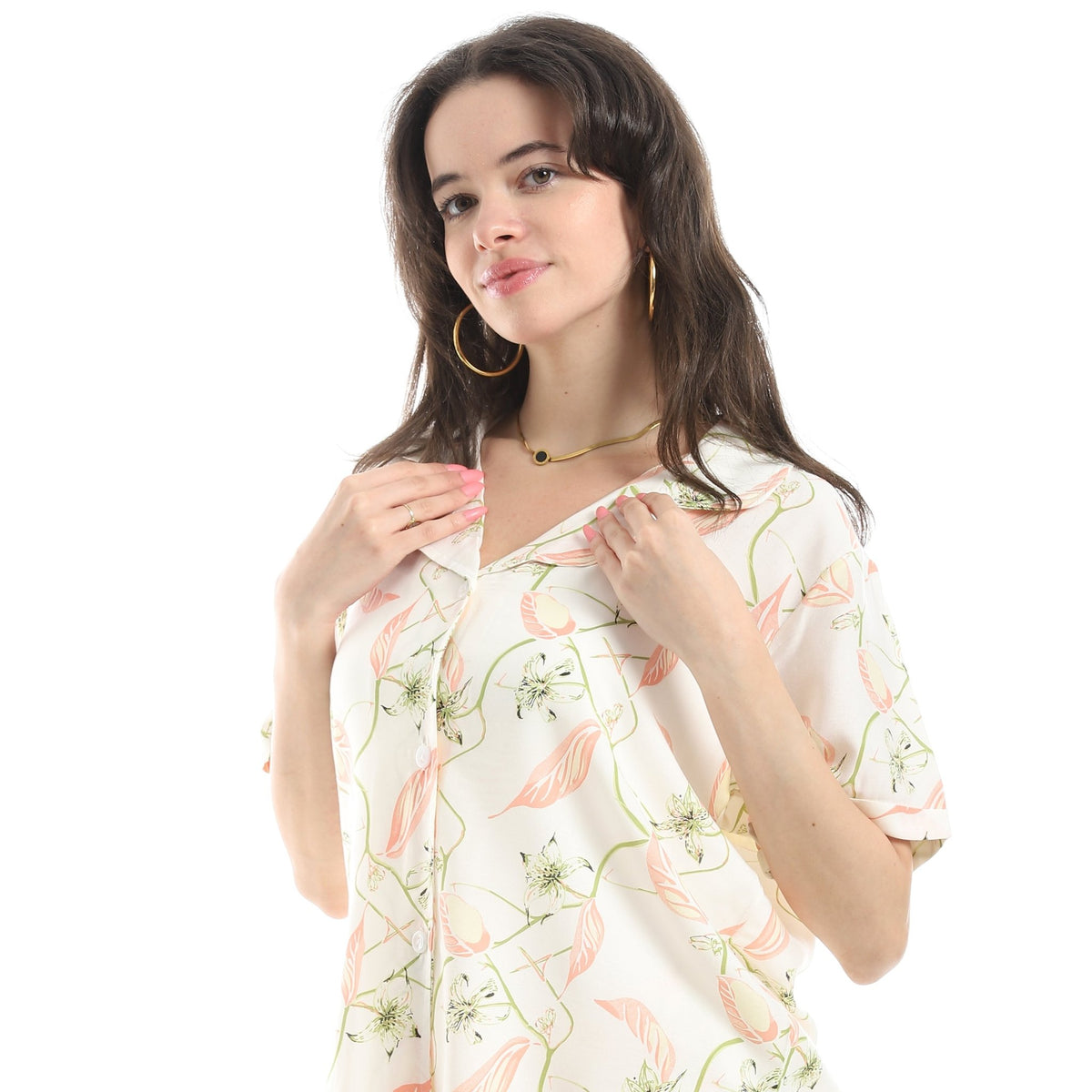 Women's Pajama Set With Short Sleeves and Shorts With Colorful Flowers - Red Cotton