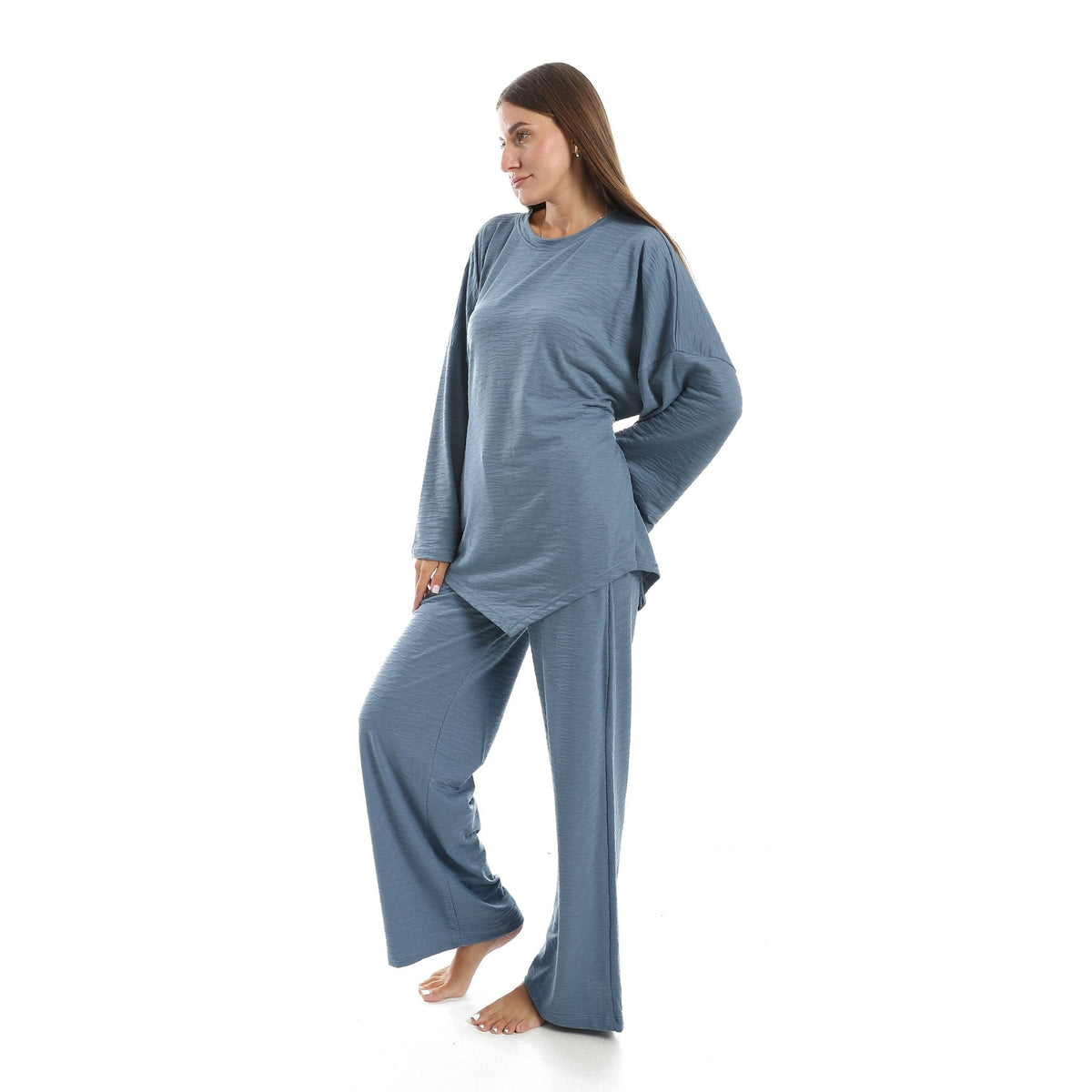 Women’s Relaxed Jacquard Pajama Set – Long Sleeve Top & Wide-Leg Pants - Red Cotton