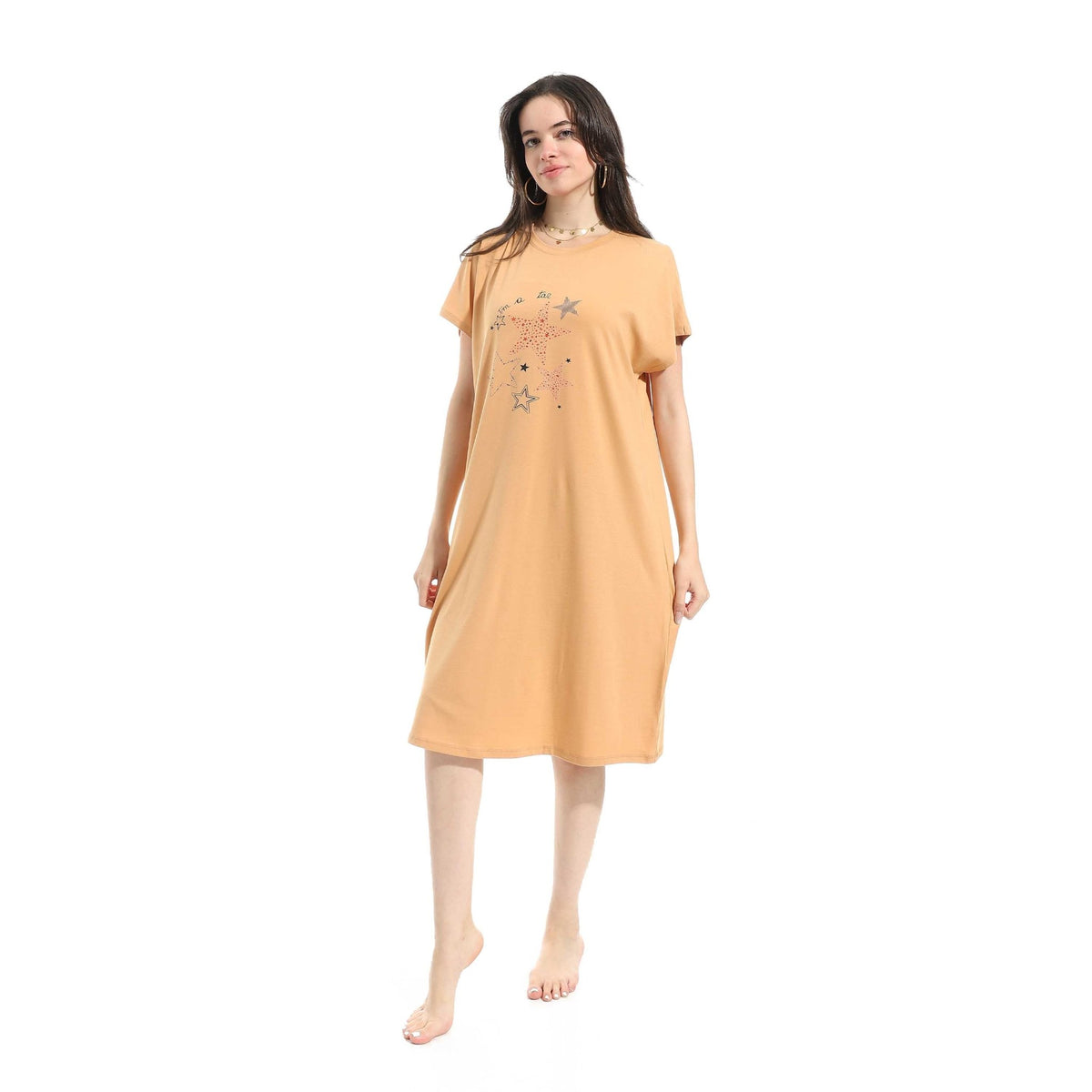 Women's Short Sleeve Cotton Nightgown - Beige - Red Cotton