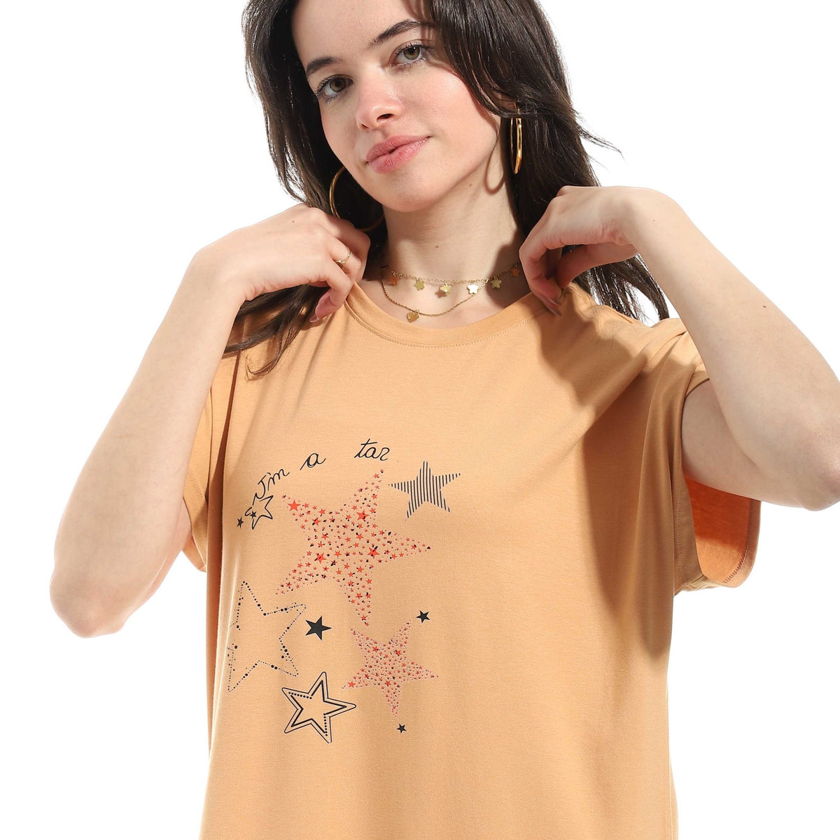 Women's Short Sleeve Cotton Nightgown - Beige - Red Cotton