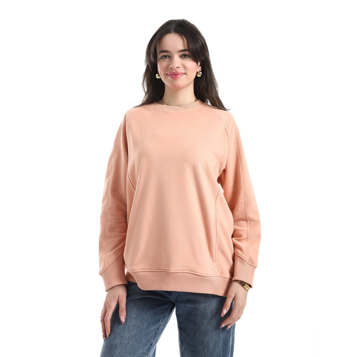 Women’s Soft Peach Crewneck Sweatshirt with Side Pockets - Red Cotton