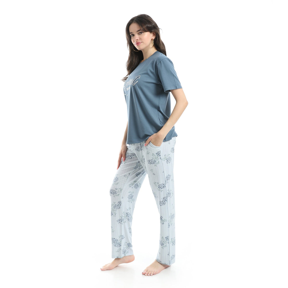 Women's Summer Pajama - Floral Pants - Indigo - Red Cotton