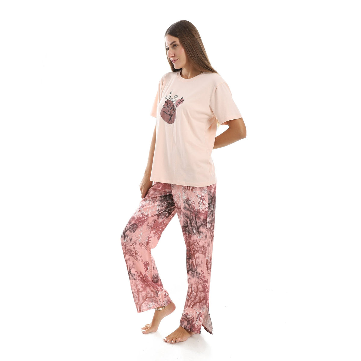 Women's Summer Sleepwear Set - Comfy Short Sleeve T-Shirt and Floral Viscose Pajama Pants - Red Cotton