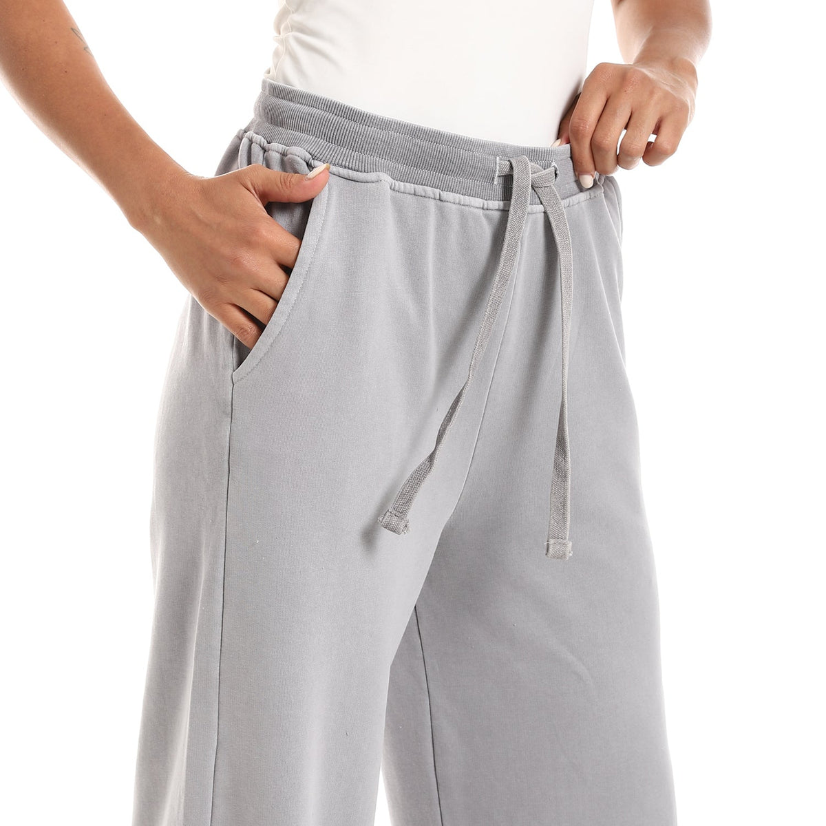 Women's Summer Wide Leg Trousers - Grey - Red Cotton