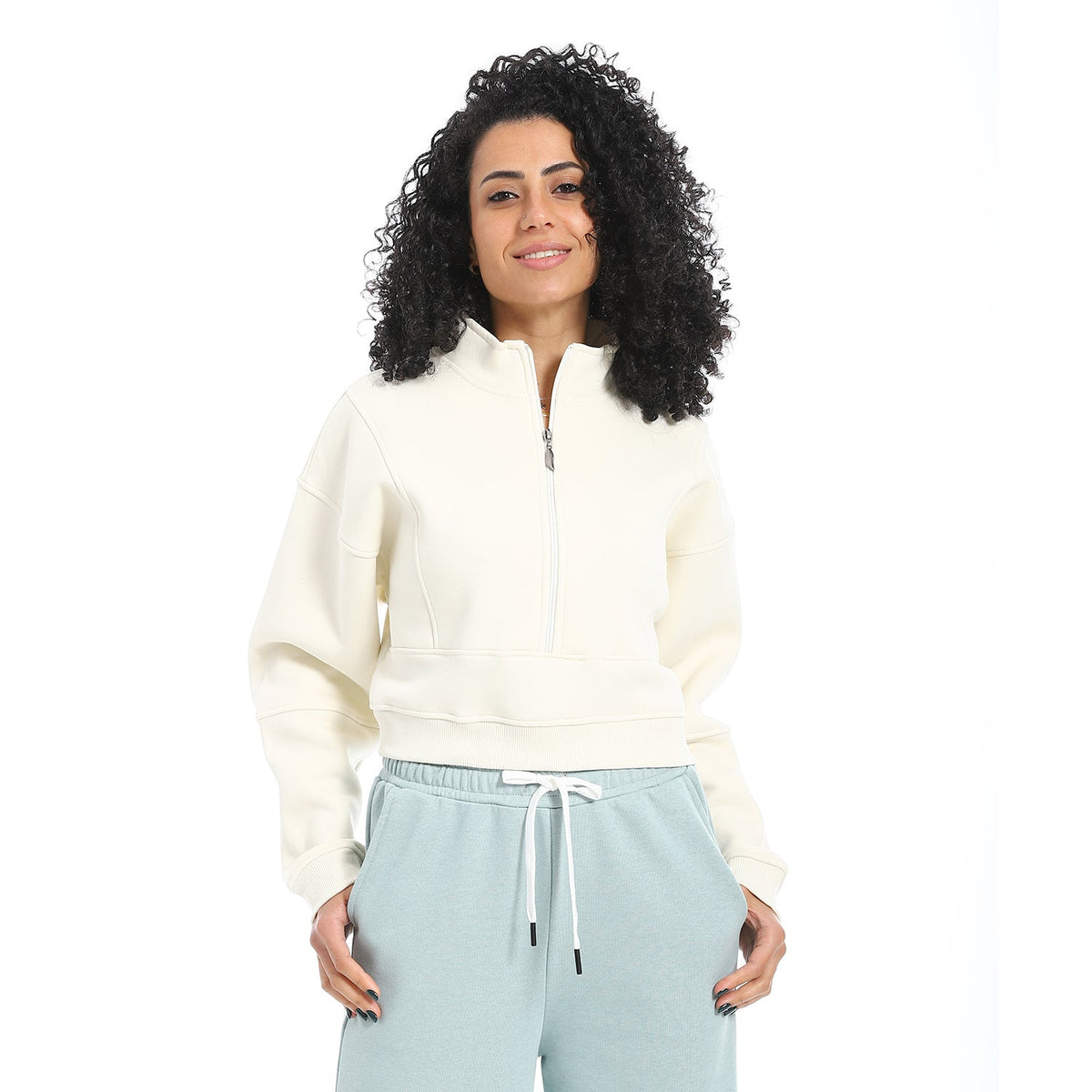 Women's Winter Quarter Zipper Sweatshirt - Off White - Red Cotton