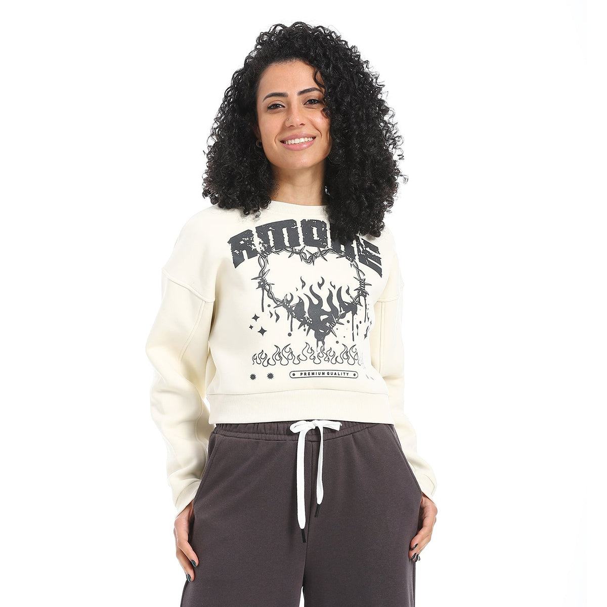Women's Winter Sweatshirt With Printed - Off White - Red Cotton