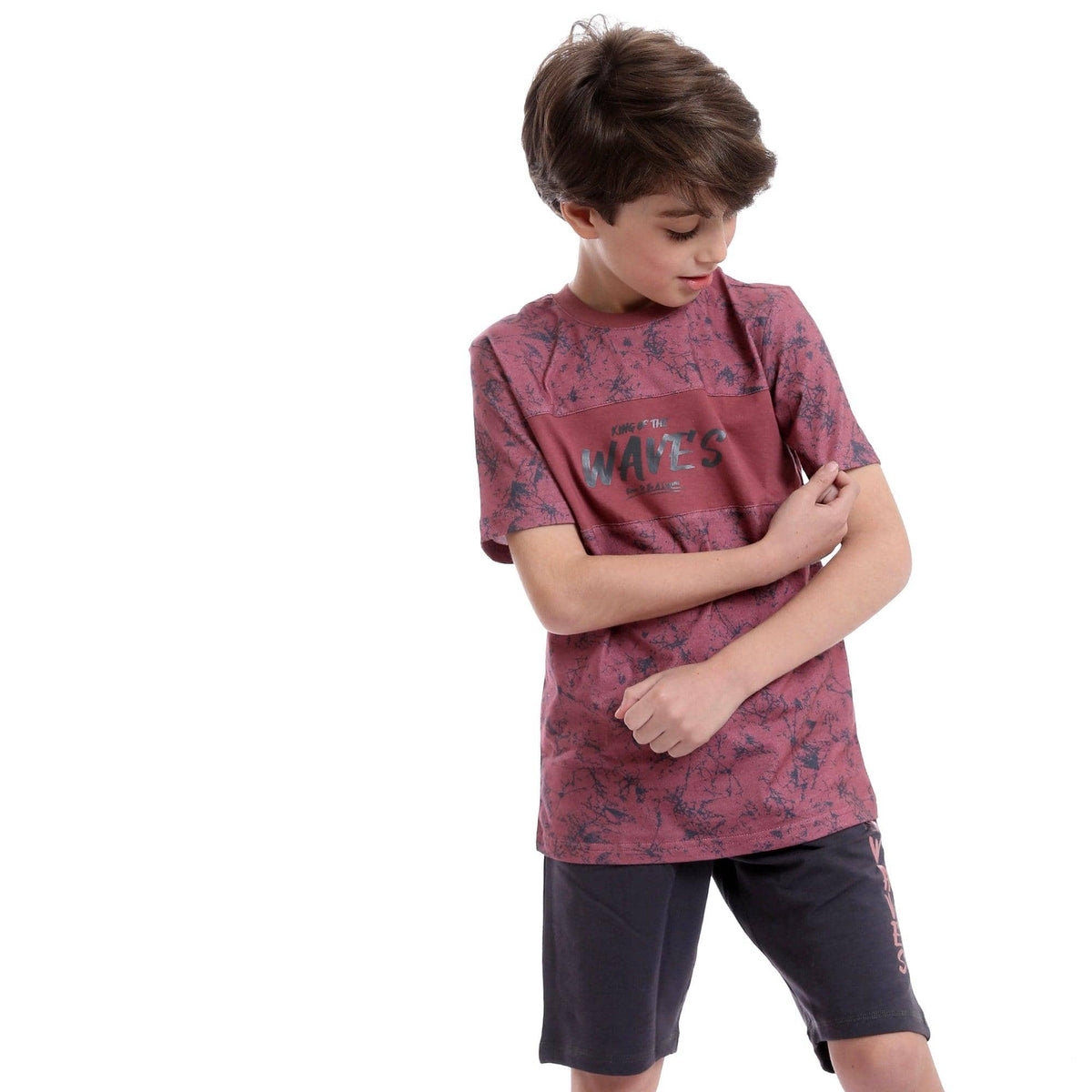 Printed Round Neck Tee & Shorts Pajama Set - Burgundy & Grey - Red Cotton