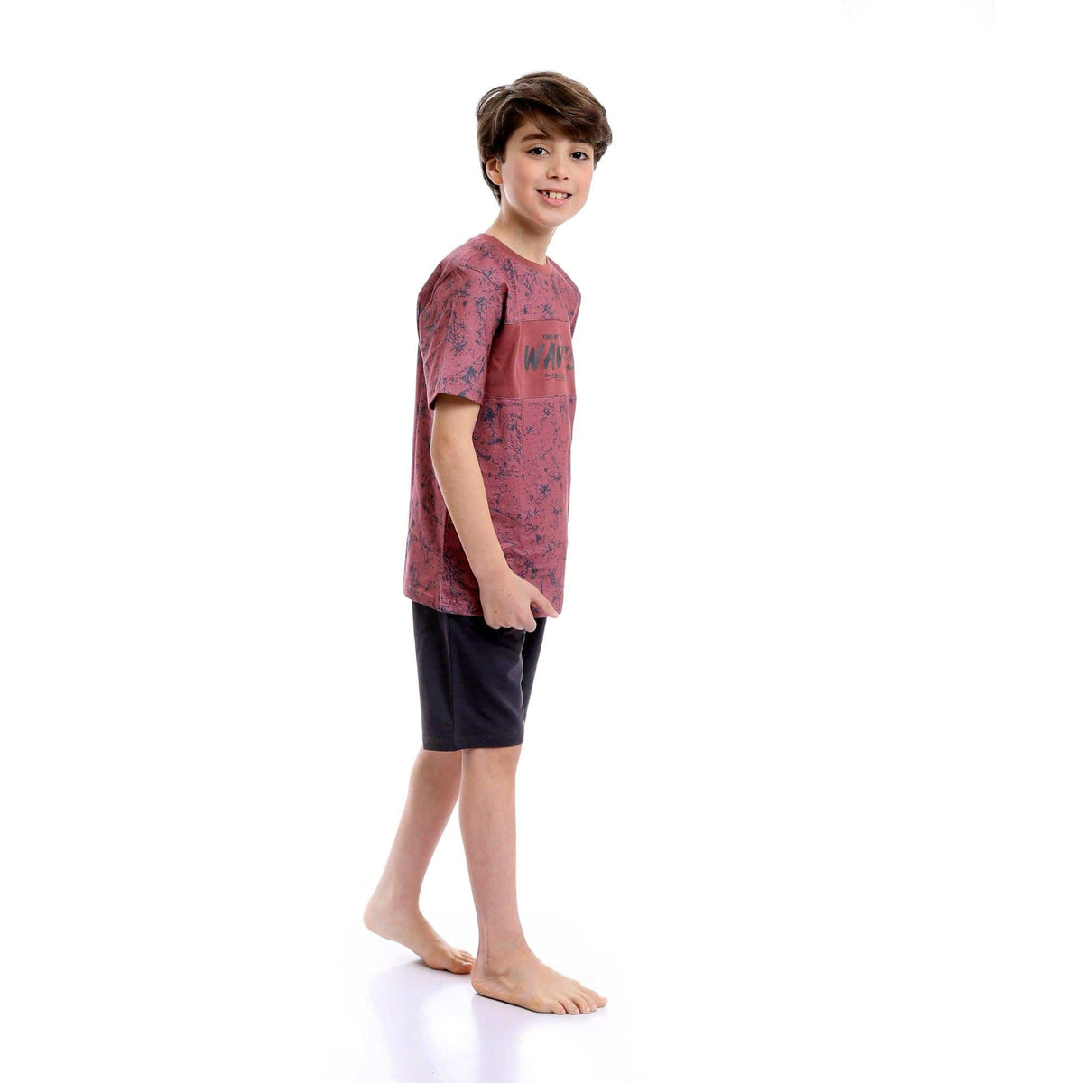 Printed Round Neck Tee & Shorts Pajama Set - Burgundy & Grey - Red Cotton