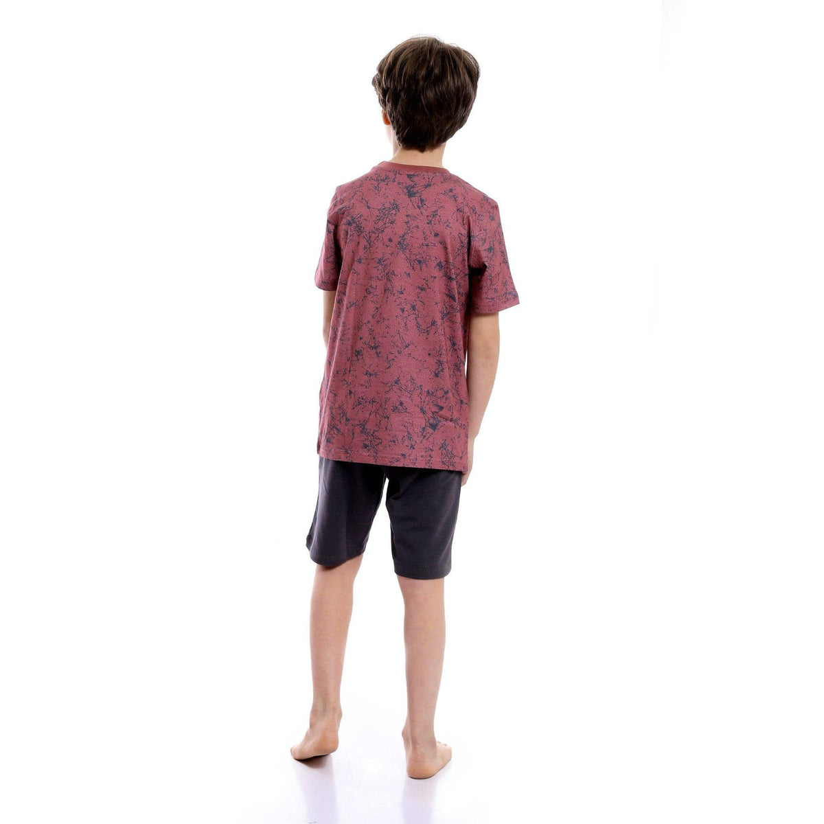 Printed Round Neck Tee & Shorts Pajama Set - Burgundy & Grey - Red Cotton