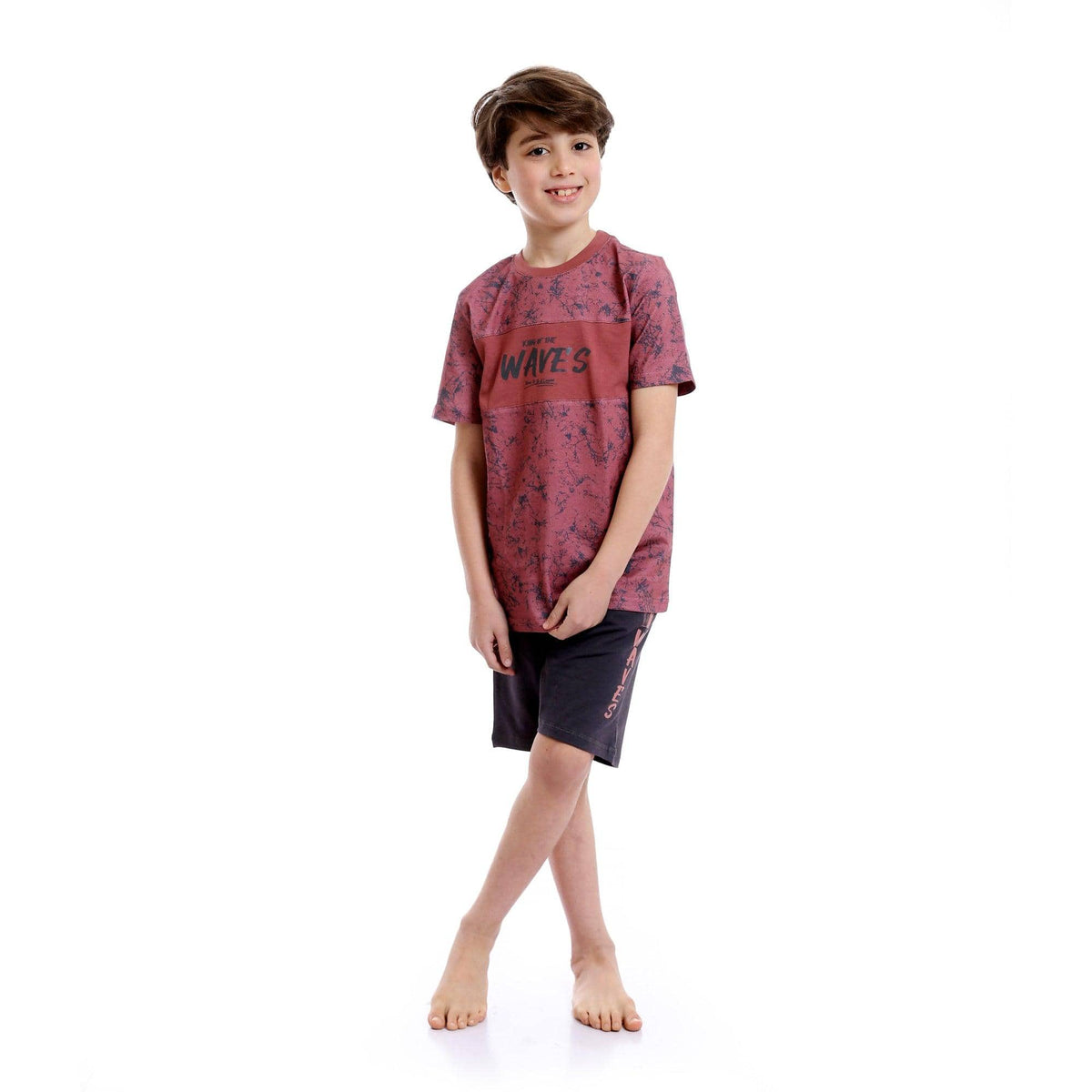 Printed Round Neck Tee & Shorts Pajama Set - Burgundy & Grey - Red Cotton