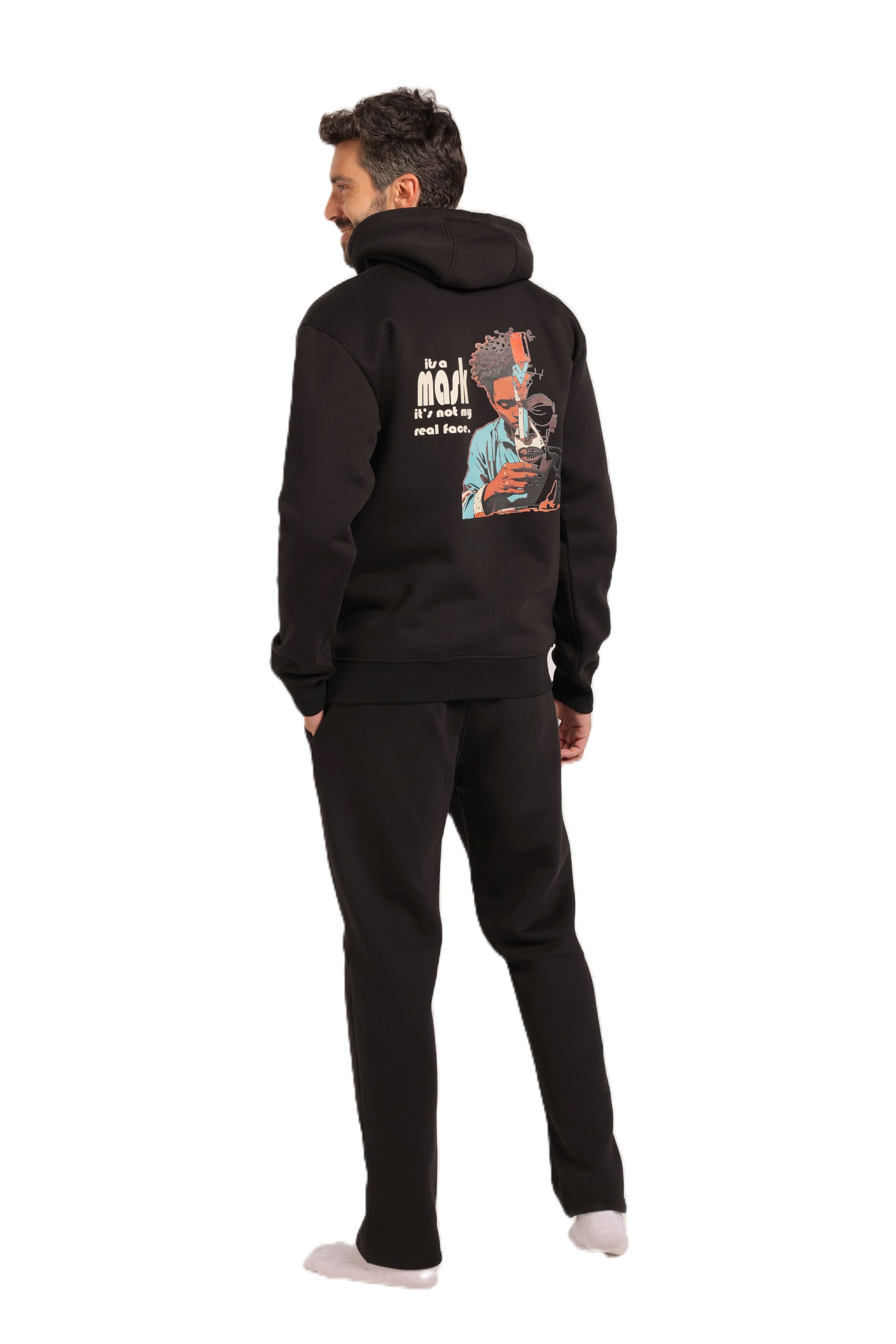 Men's Black Hoodie & Joggers Set – "It's Not My Real Face" Print