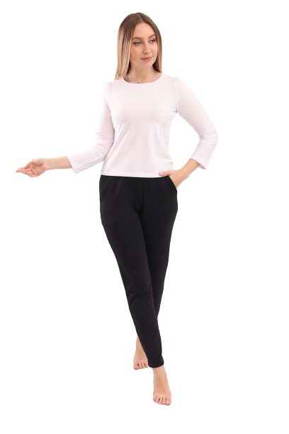 Women Basic Shirt, Round Neck, Long Sleeve - White