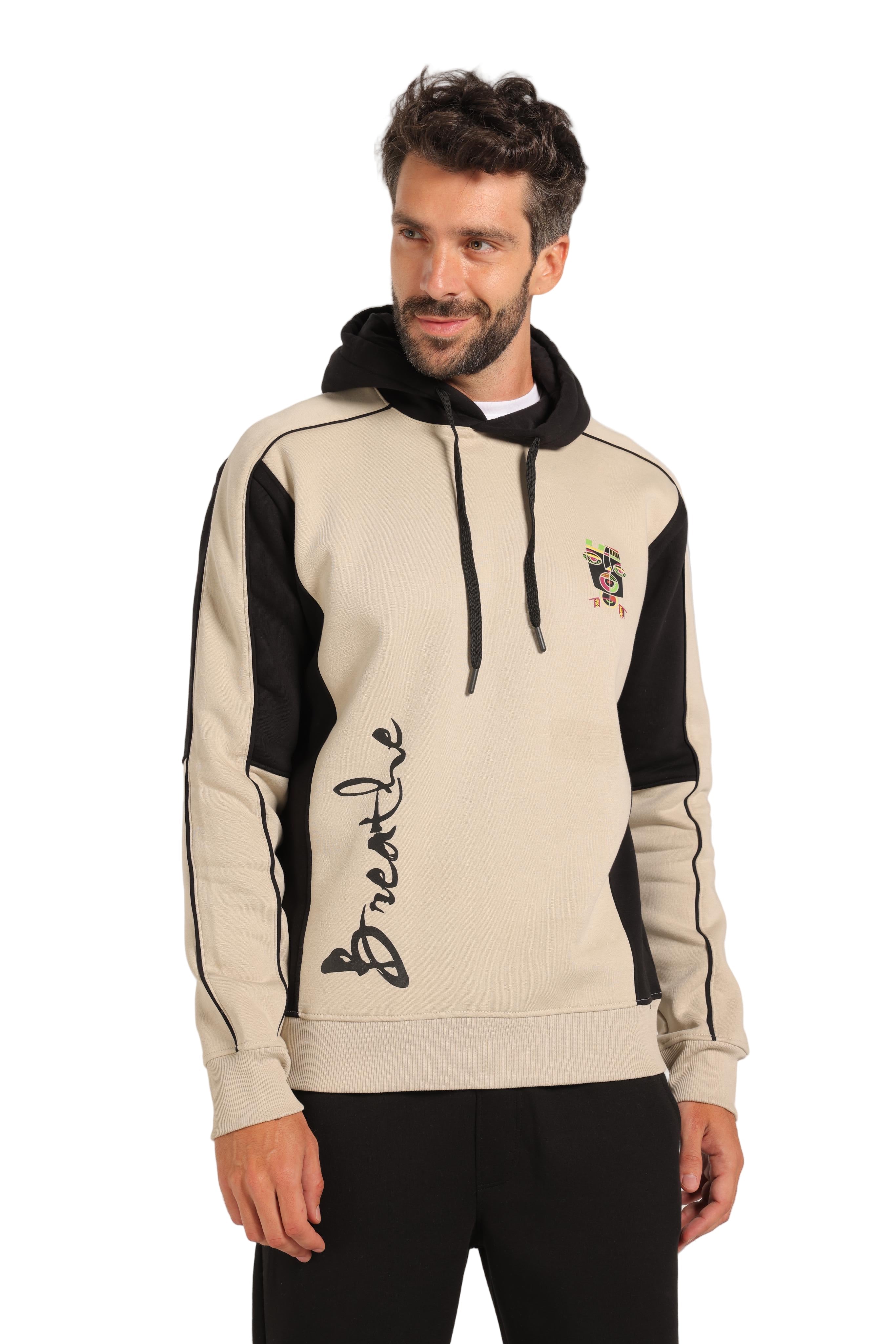 Men’s Beige and Black Milton Hoodie – Stylish Fleece-Lined Sweatshirt with “Breathe” Print