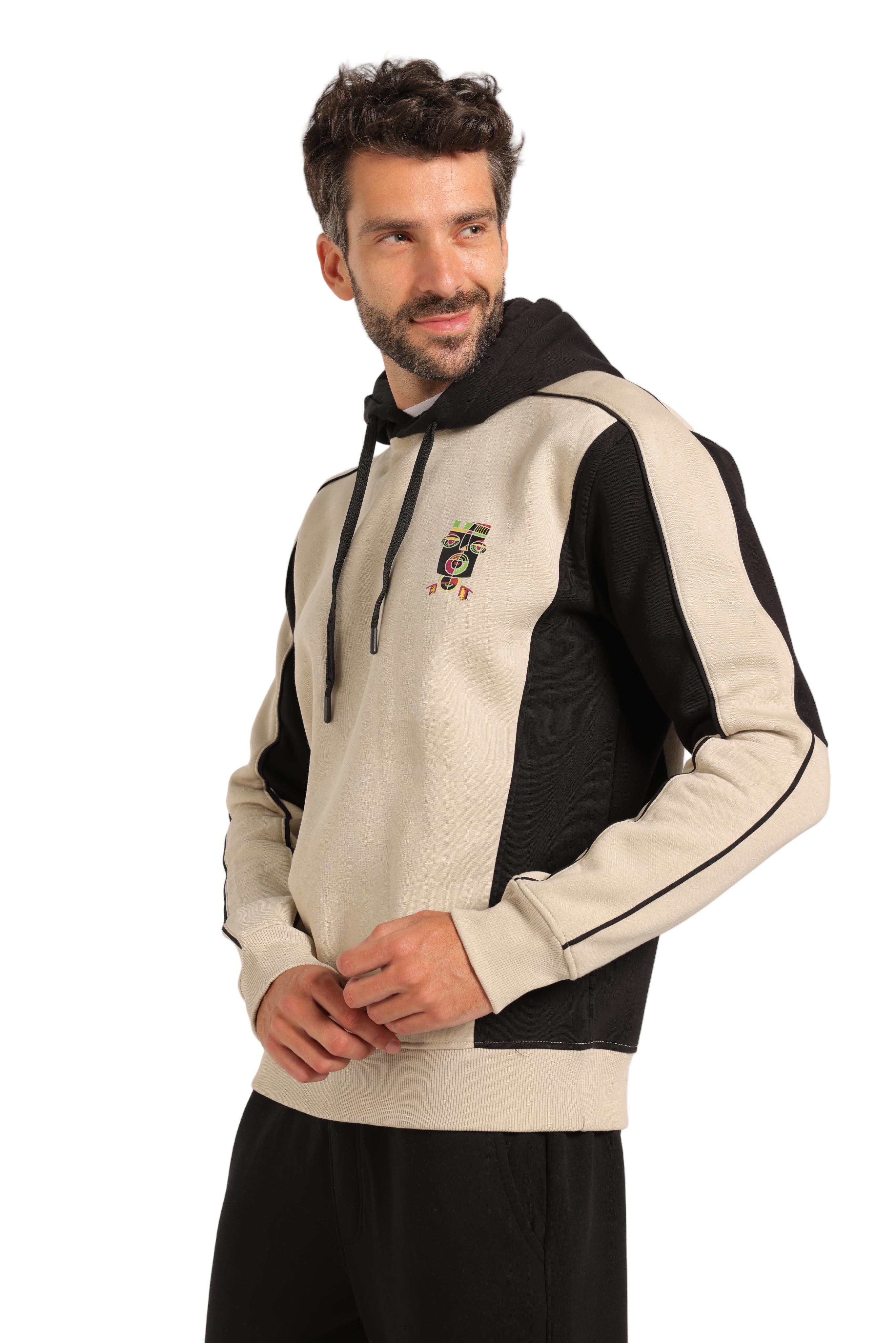 Men’s Beige and Black Milton Hoodie – Stylish Fleece-Lined Sweatshirt with “Breathe” Print