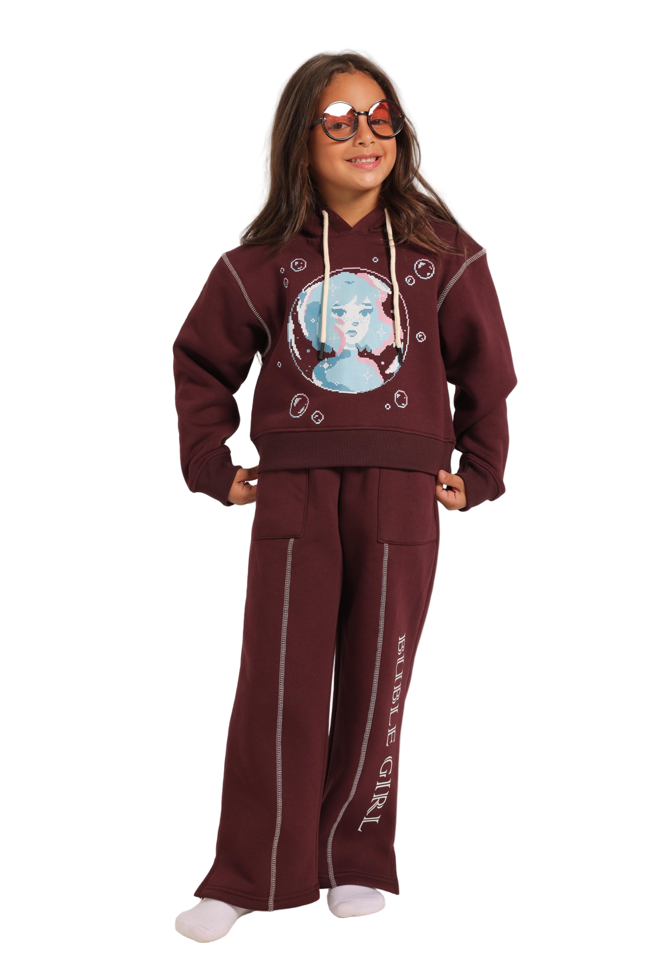 Girls' Winter Pajama Set –Burgundy Hoodie and Burgundy Wide-Leg Pants
