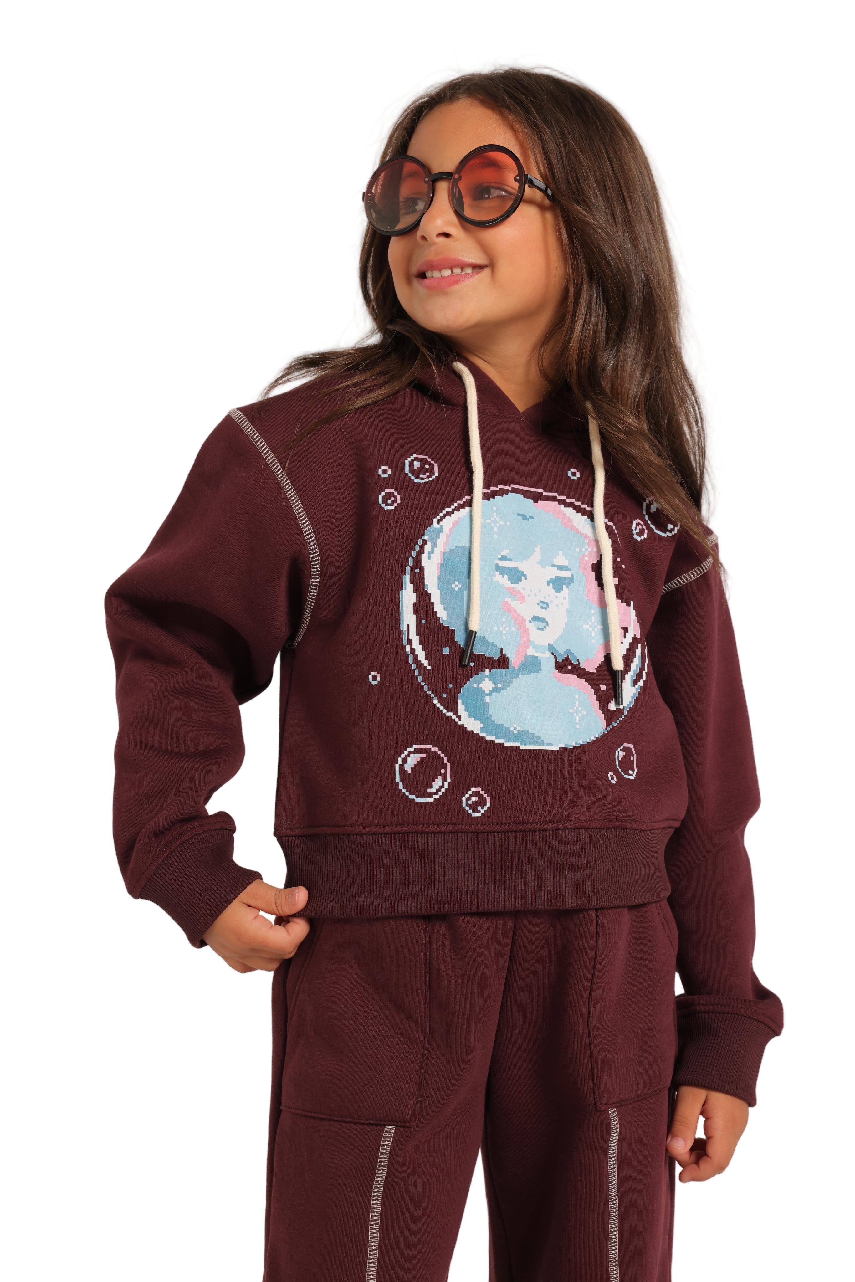 Girls' Winter Pajama Set –Burgundy Hoodie and Burgundy Wide-Leg Pants