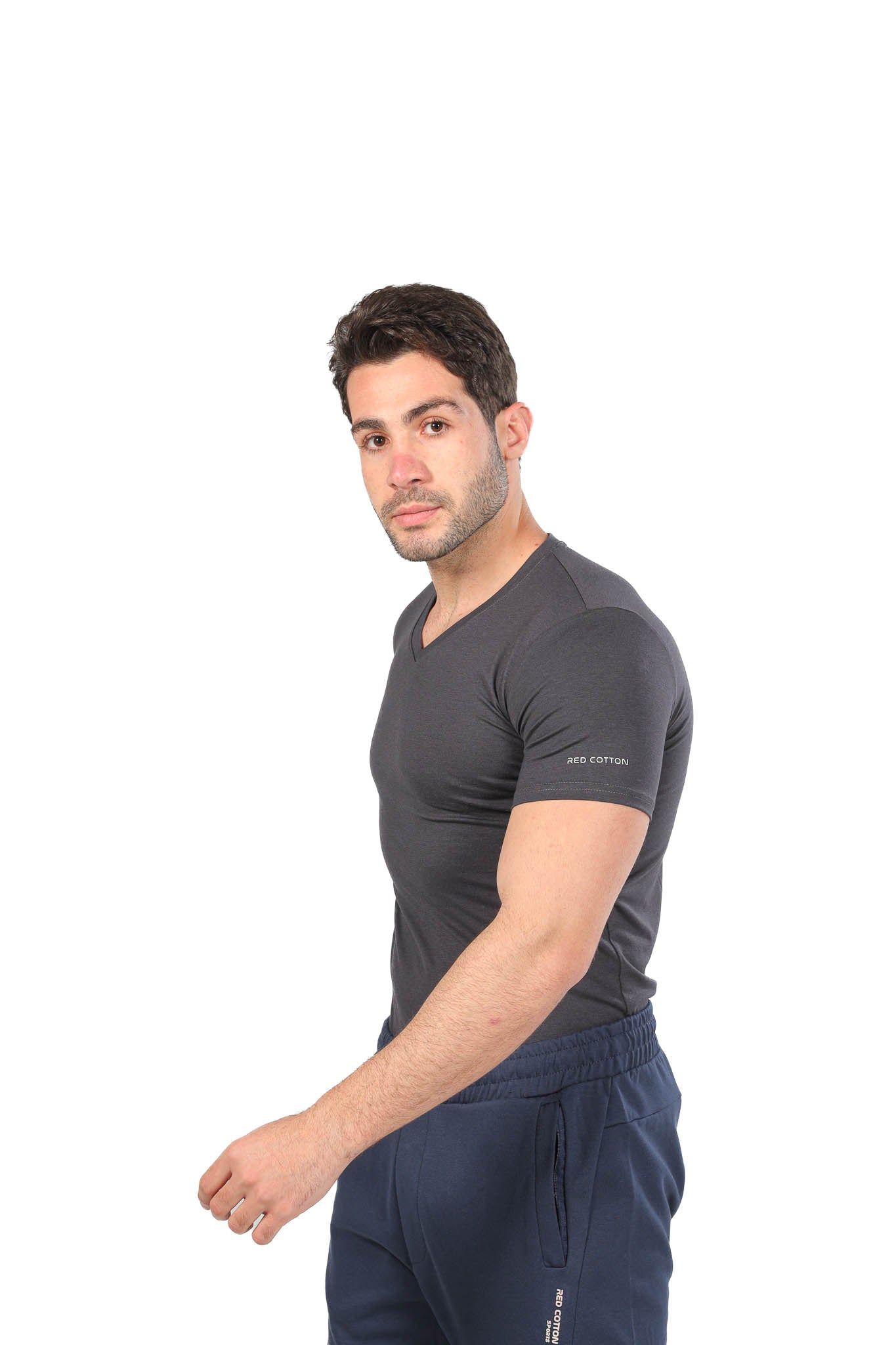 Red Cotton Short Sleeve Undershirt for Men V Neck - Gray