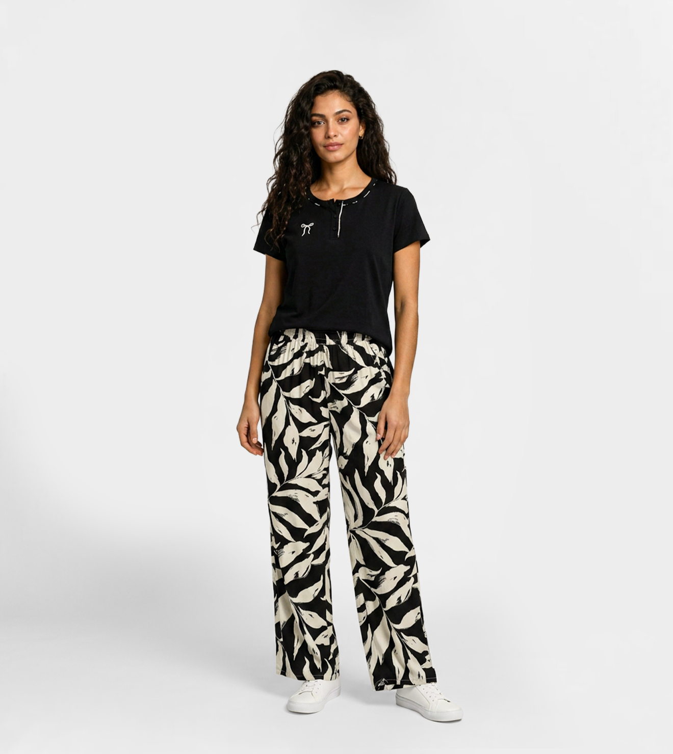 Women Black Henley Cotton Pajama Pants Set