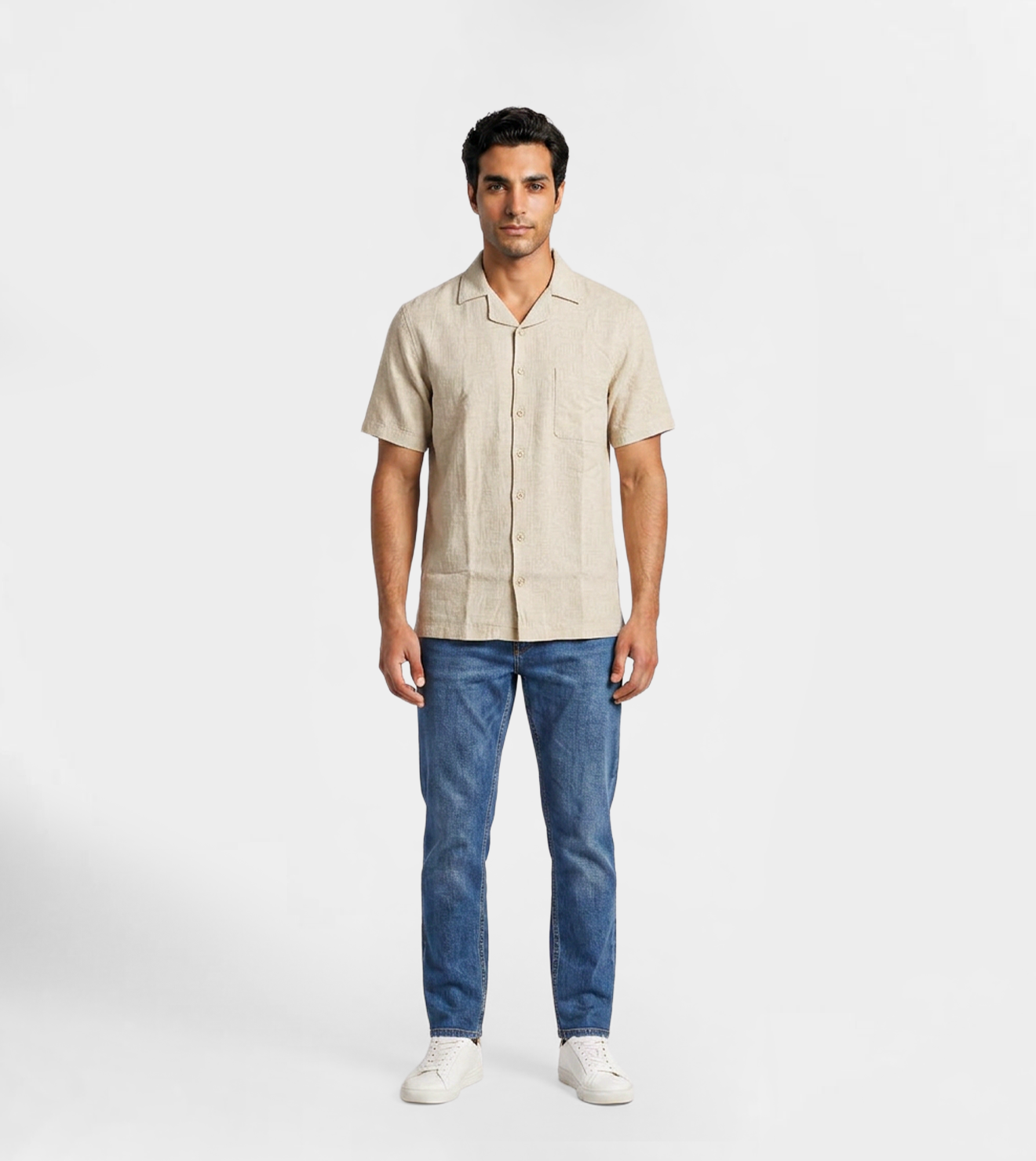 Men Relaxed Short-Sleeve Linen Shirt in Beige