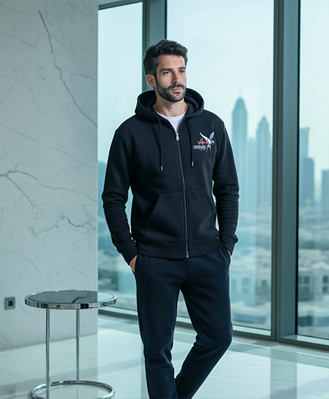 Men’s Black Zip-Up Hoodie with Embroidered Back Design