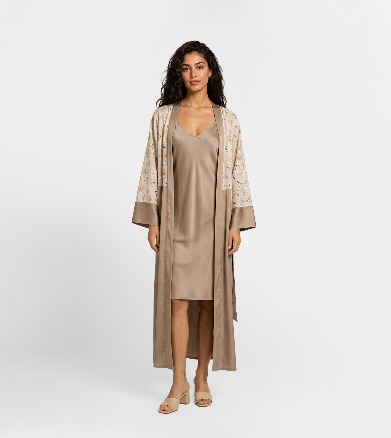 Women Satin Night Dress & Lace Kimono Robe Set