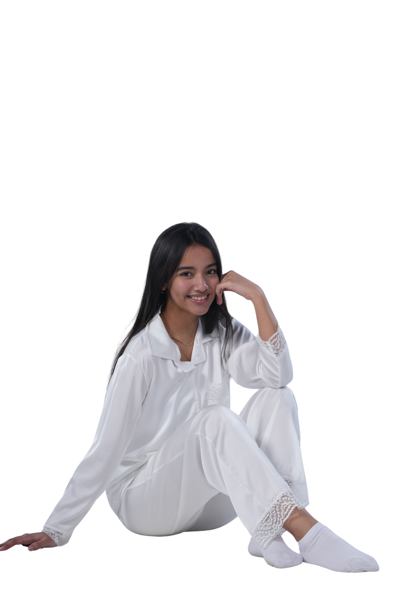 Elegant White Satin Pajama Set with Lace Trim